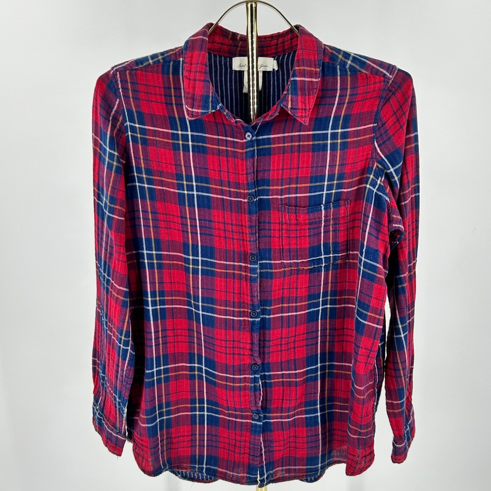 H&M LOGG Womens Red Navy Blue Plaid Flannel Button Down Shirt Size 8 0405132-4